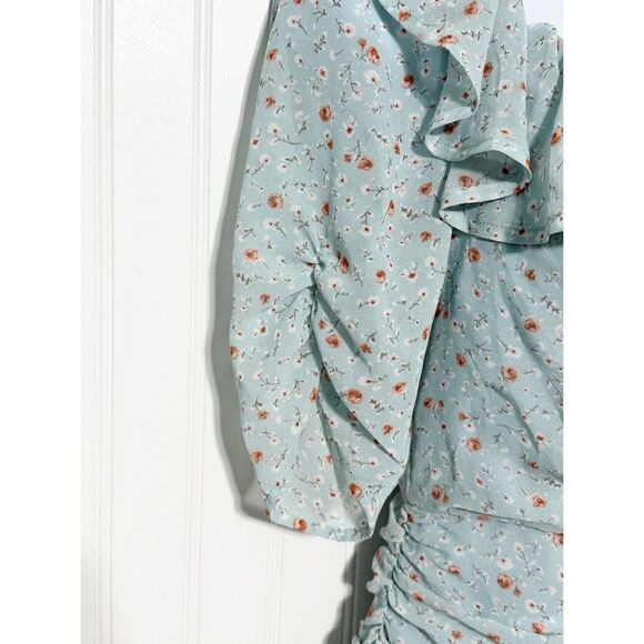 ASTR The Label Womens Ditsy Floral Ruffle Neck Ruched Mini Dress Teal Blue Small - Picture 10 of 11